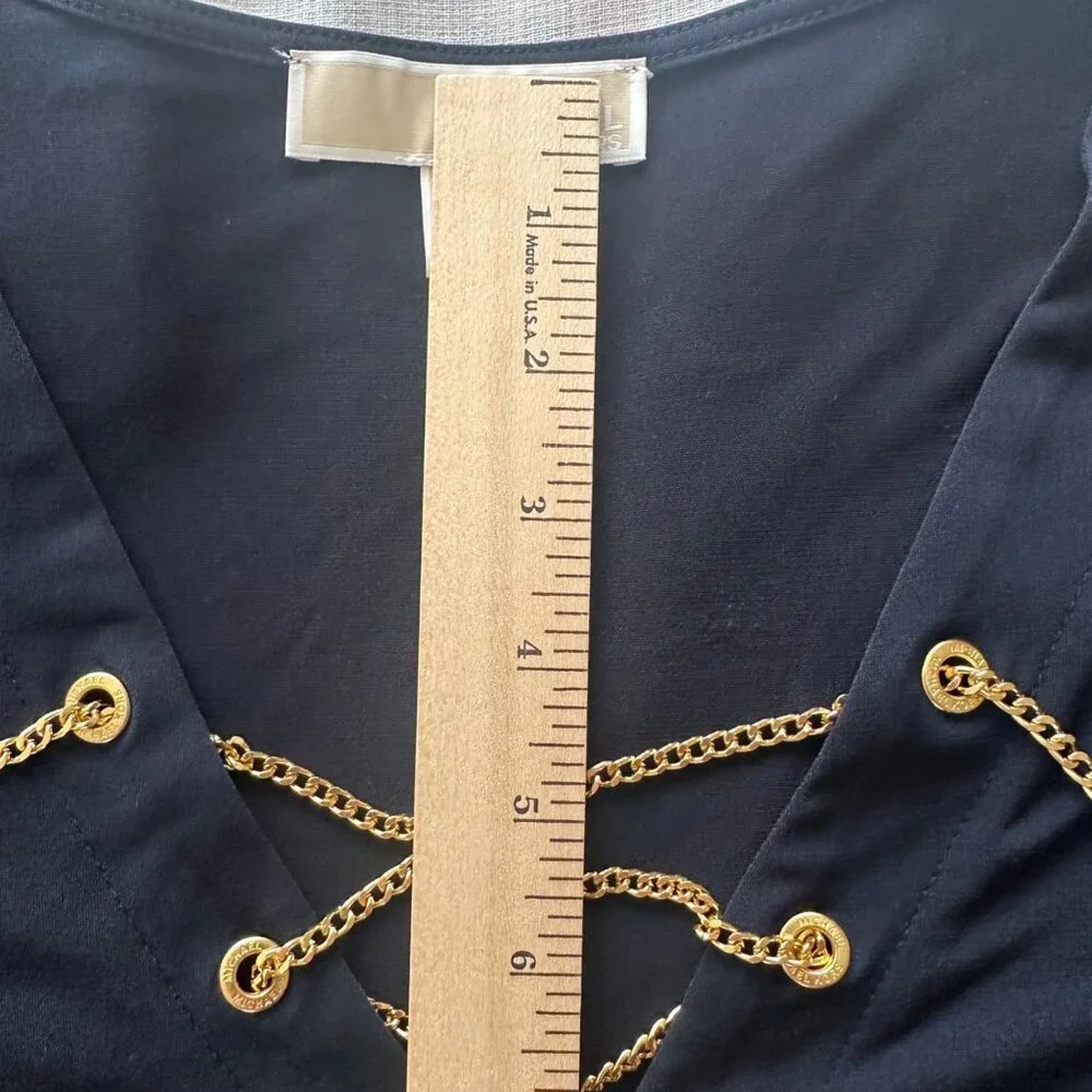 Michael Kors Womens 1X Navy Lace-Up Blouse Metalic Gold Accents Roll Tab Sleeve - Picture 8 of 11